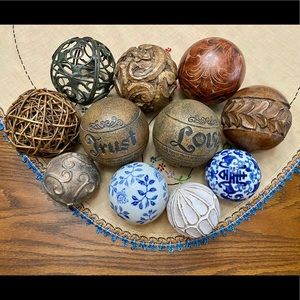 Variety of decorative globes/balls in ceramic, wood, resins, metals and vine.